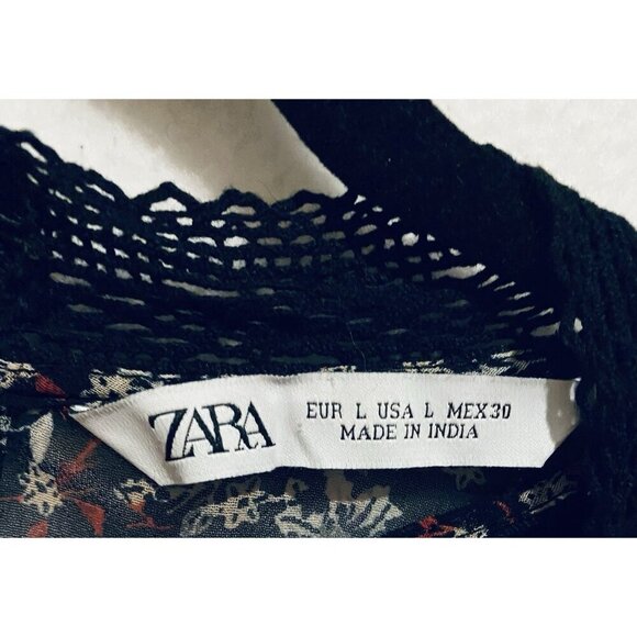 Zara Top Womens Large Black Floral Chiffon Pleated Puffy Sleeve Sheer Romantic - Picture 6 of 7